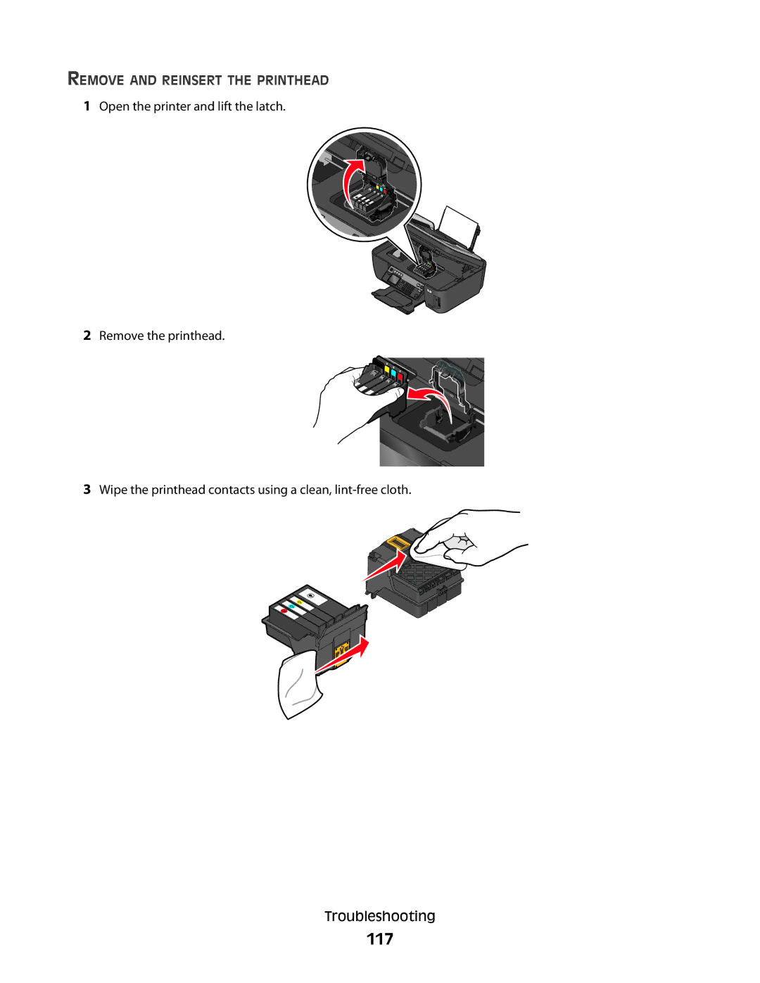 Lexmark 2WE, 4443, 90T6005, 2W2, Pro200 manual 117, Remove and Reinsert the Printhead 