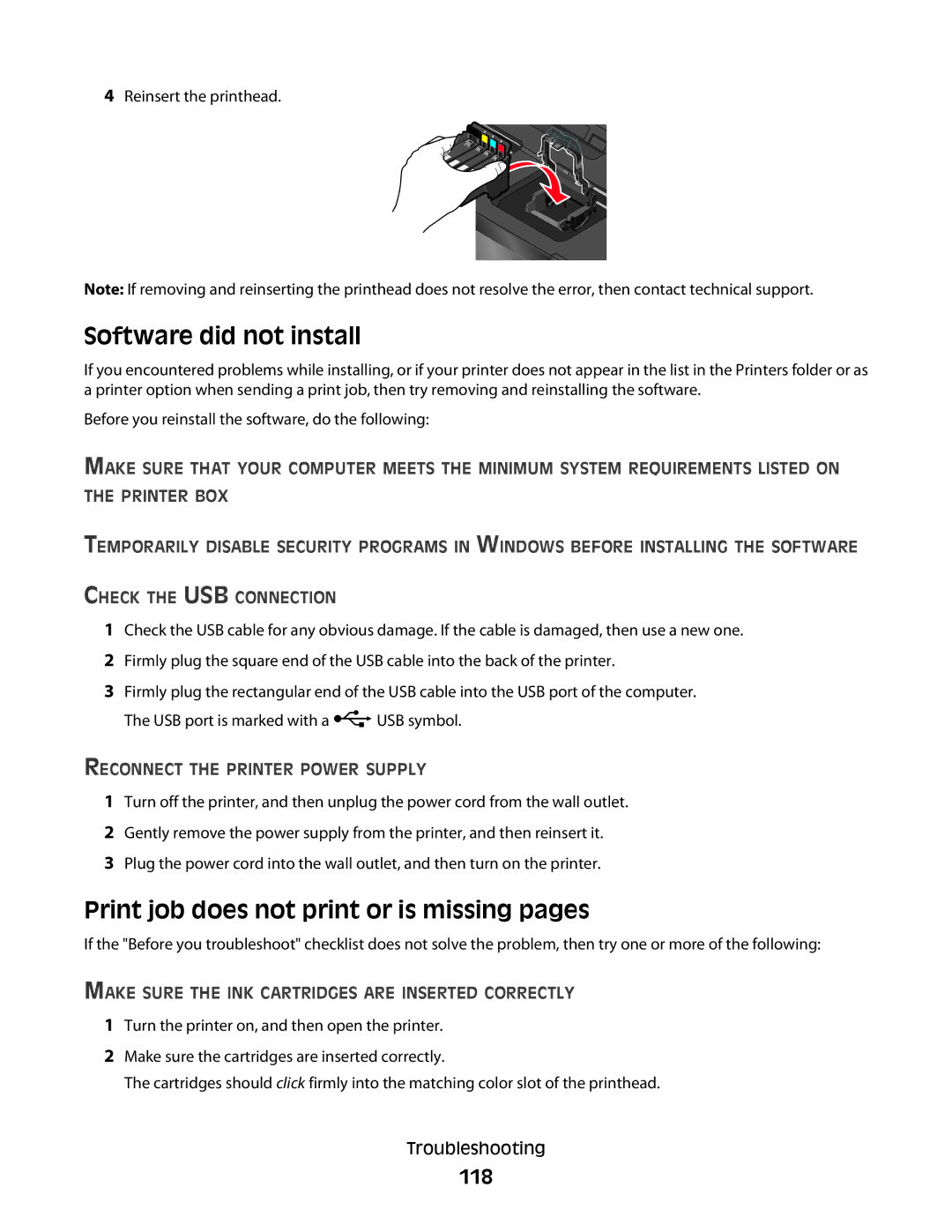 Lexmark 2W2, 4443, 90T6005, 2WE, Pro200 manual Software did not install, Print job does not print or is missing pages, 118 