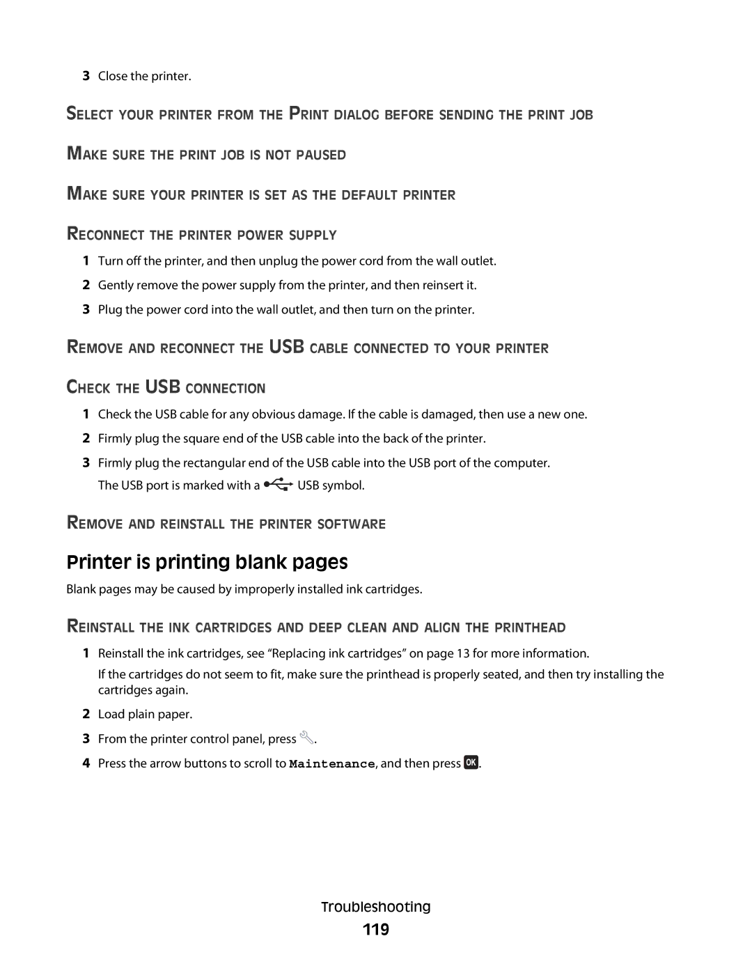 Lexmark Pro200, 4443, 90T6005, 2WE, 2W2 manual Printer is printing blank pages, 119, Remove and Reinstall the Printer Software 