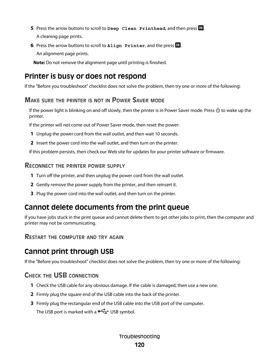 Lexmark 4443 Printer is busy or does not respond, Cannot delete documents from the print queue, Cannot print through USB 