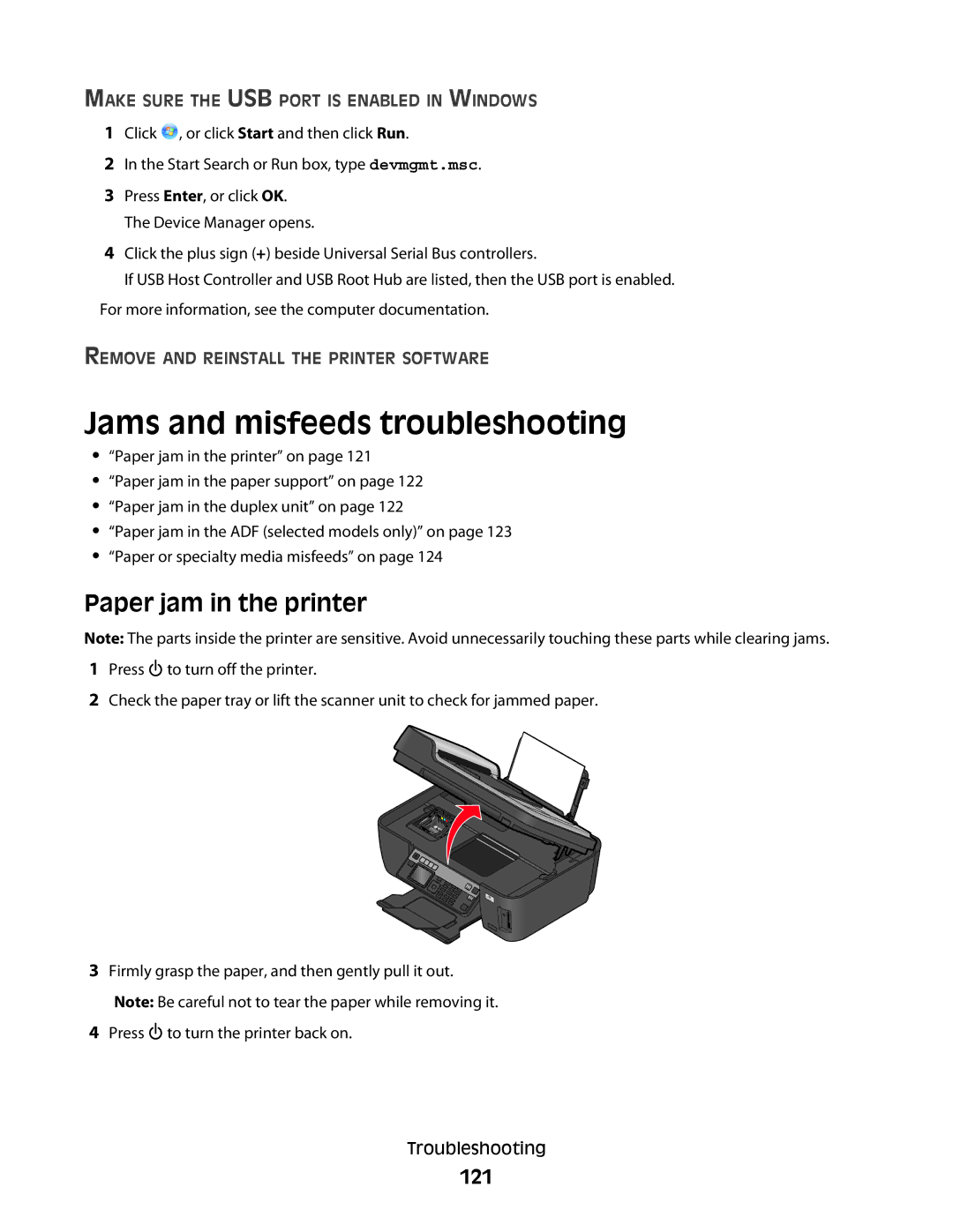 Lexmark 90T6005, 4443, 2WE, 2W2, Pro200 manual Jams and misfeeds troubleshooting, Paper jam in the printer, 121 