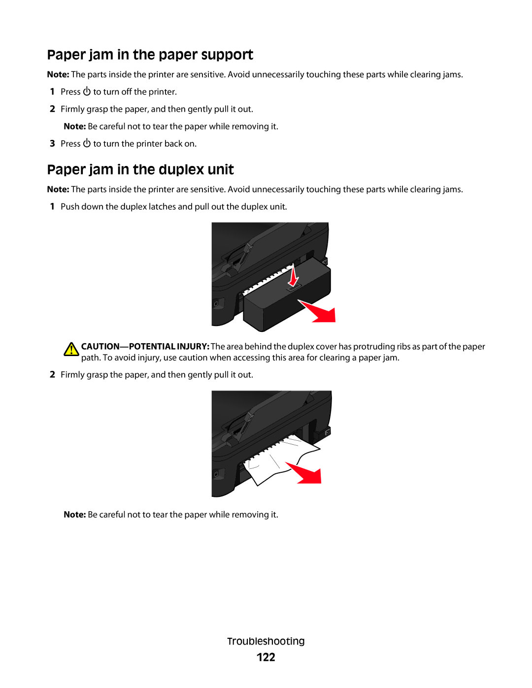 Lexmark 2WE, 4443, 90T6005, 2W2, Pro200 manual Paper jam in the paper support, Paper jam in the duplex unit, 122 