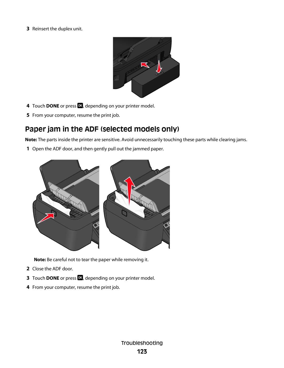 Lexmark 2W2, 4443, 90T6005, 2WE, Pro200 manual Paper jam in the ADF selected models only, 123 