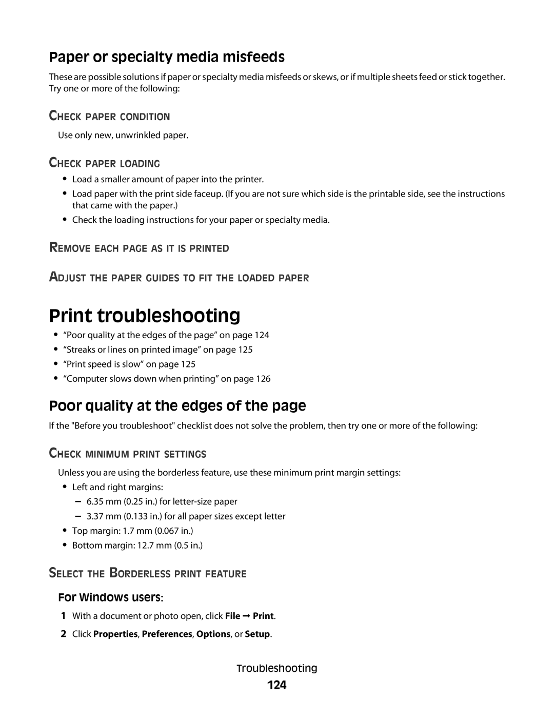 Lexmark Pro200, 4443, 90T6005, 2WE Print troubleshooting, Paper or specialty media misfeeds, Poor quality at the edges, 124 