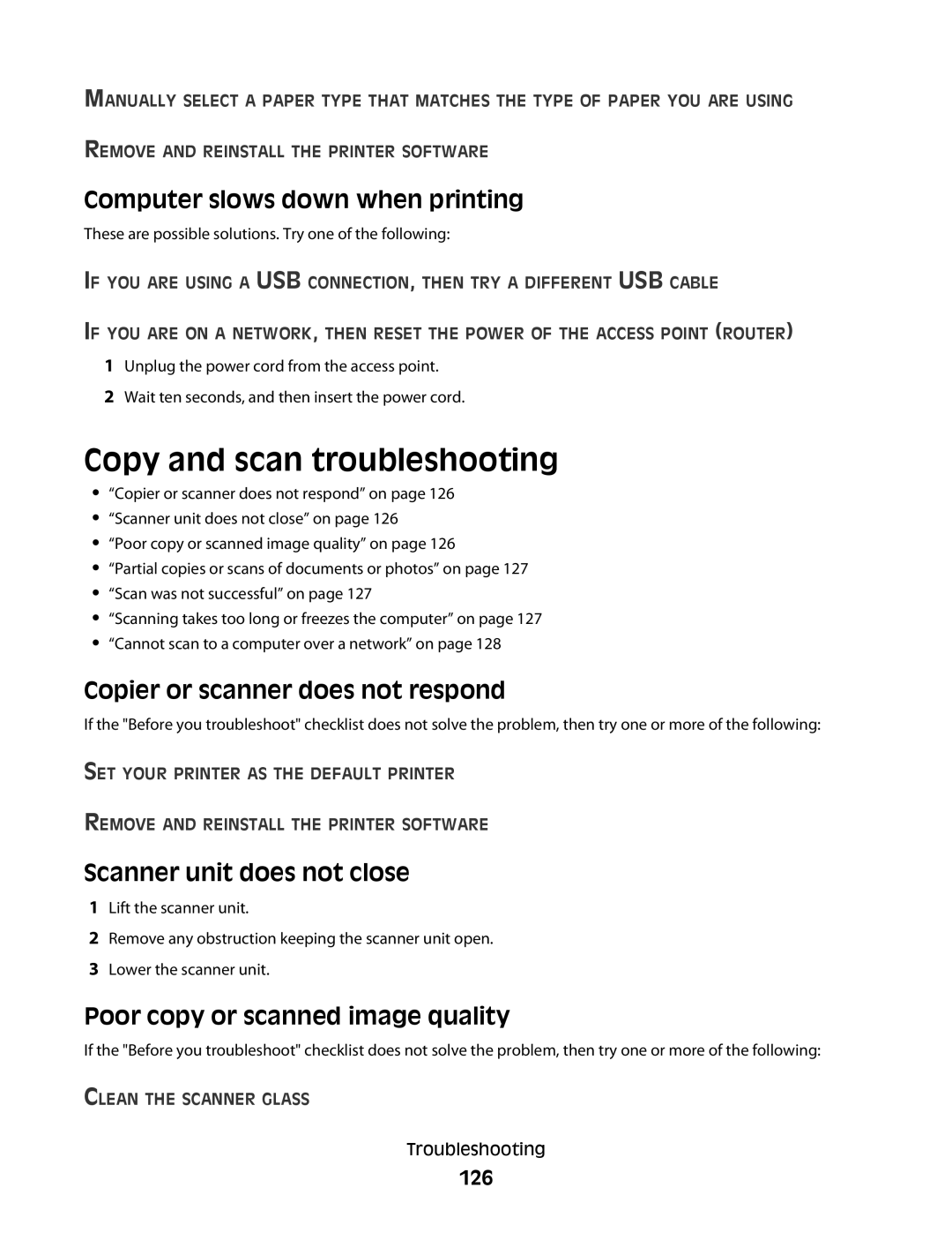 Lexmark 90T6005, 4443 Copy and scan troubleshooting, Computer slows down when printing, Copier or scanner does not respond 