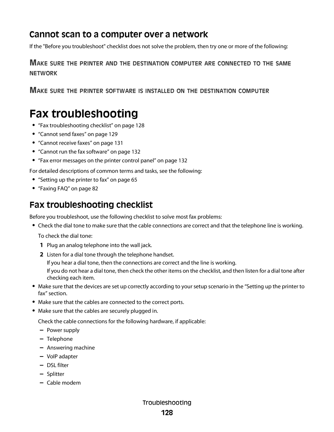 Lexmark 2W2, 4443, 90T6005, 2WE, Pro200 manual Cannot scan to a computer over a network, Fax troubleshooting checklist, 128 