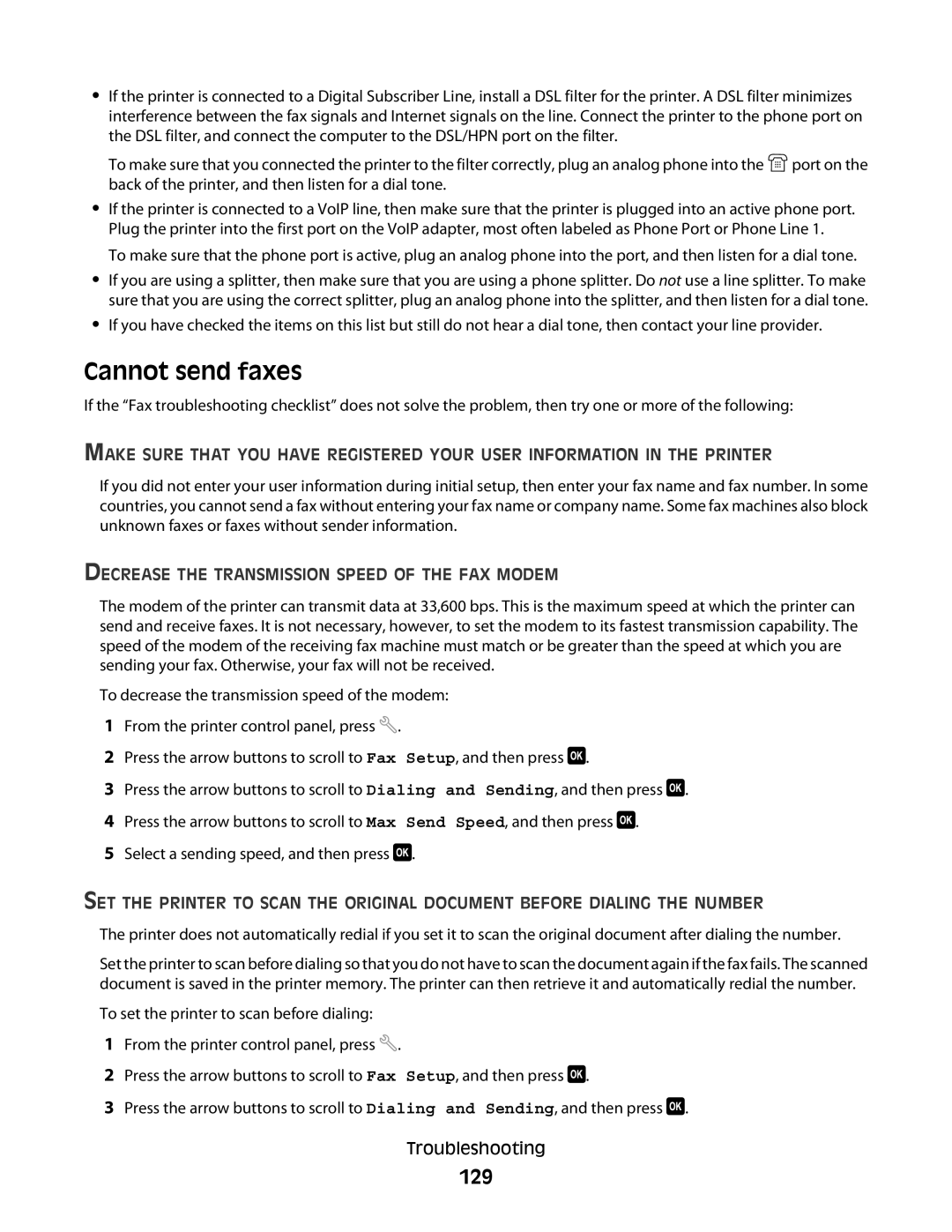 Lexmark Pro200, 4443, 90T6005, 2WE, 2W2 manual Cannot send faxes, 129, Decrease the Transmission Speed of the FAX Modem 