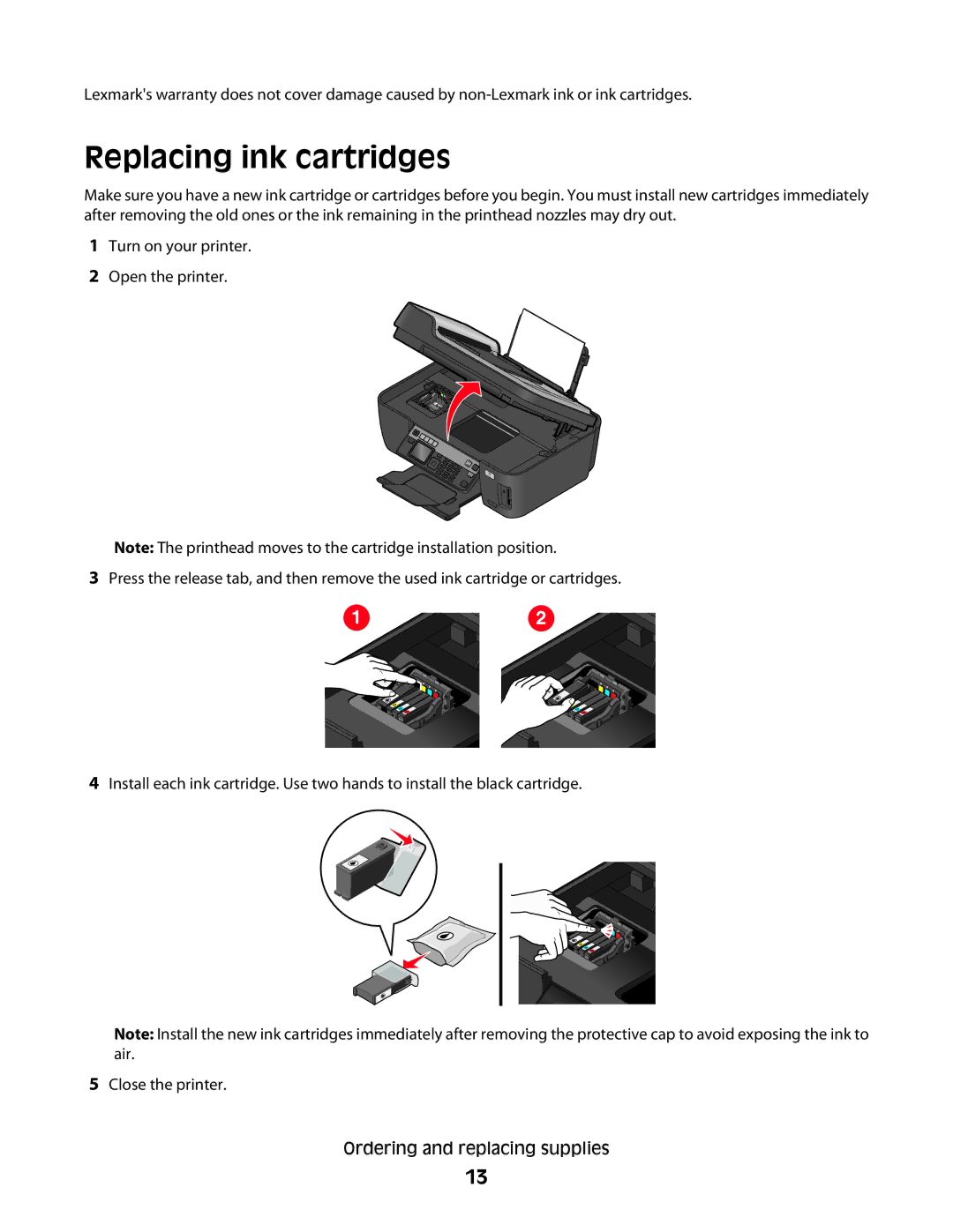 Lexmark 2W2, 4443, 90T6005, 2WE, Pro200 manual Replacing ink cartridges 