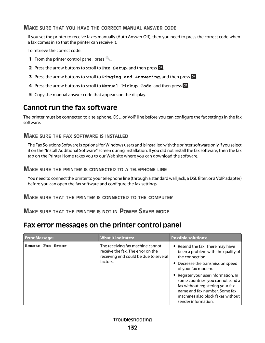 Lexmark 2WE, 4443, 90T6005, 2W2, Pro200 Cannot run the fax software, Fax error messages on the printer control panel, 132 