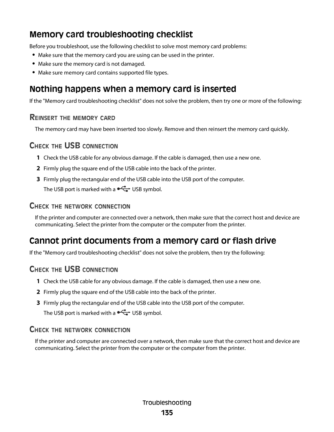 Lexmark 4443, 90T6005, 2WE, 2W2 Memory card troubleshooting checklist, Nothing happens when a memory card is inserted, 135 