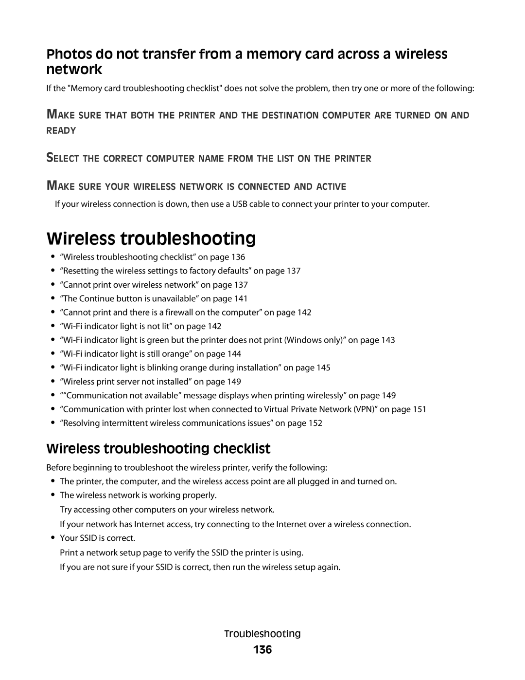 Lexmark 90T6005, 4443, 2WE, 2W2, Pro200 manual Wireless troubleshooting checklist, 136 