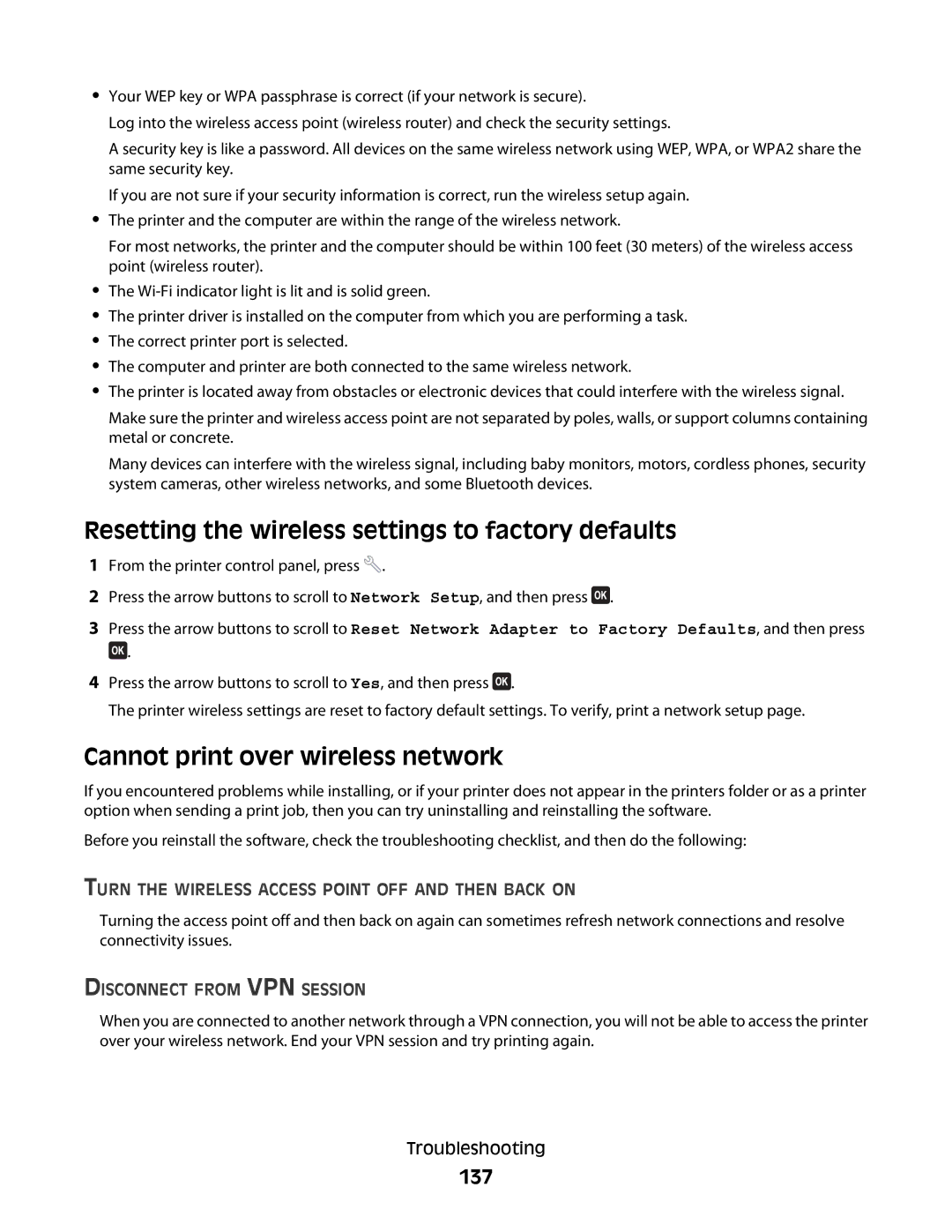 Lexmark 2WE, 4443, 90T6005, 2W2 Resetting the wireless settings to factory defaults, Cannot print over wireless network, 137 