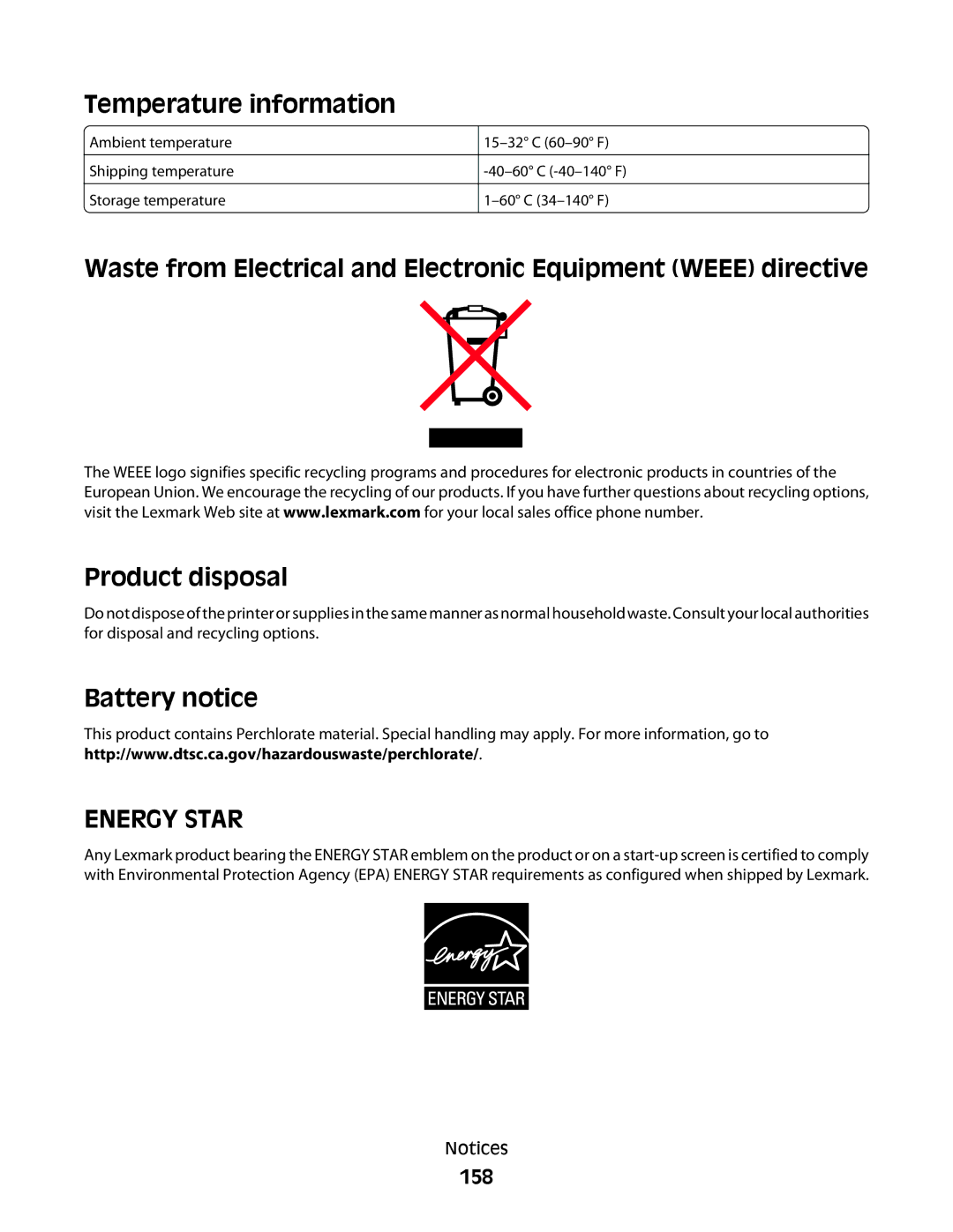 Lexmark 2W2, 4443, 90T6005, 2WE, Pro200 manual Temperature information, Battery notice, 158 