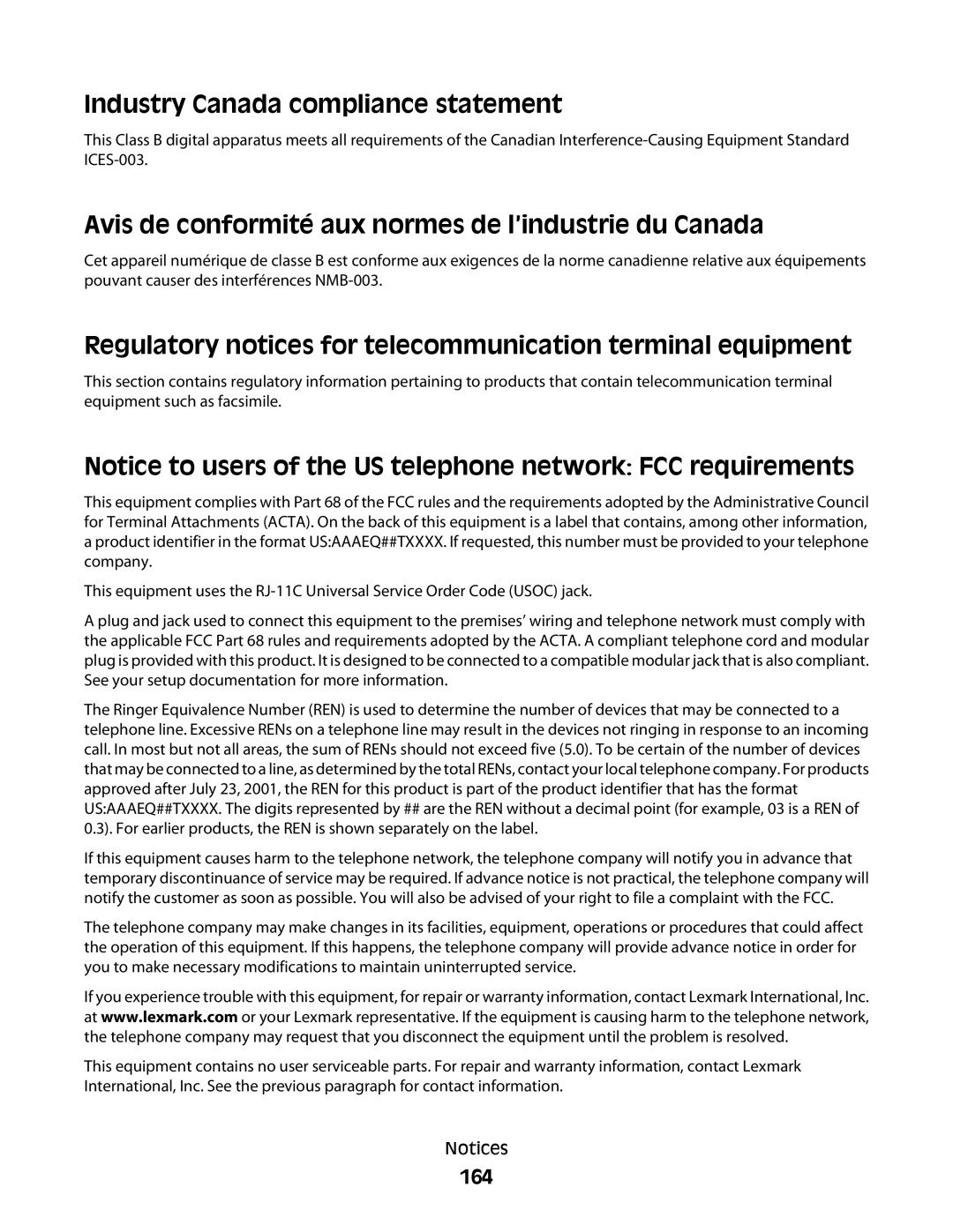 Lexmark Pro200, 4443, 2WE Industry Canada compliance statement, Avis de conformité aux normes de l’industrie du Canada, 164 