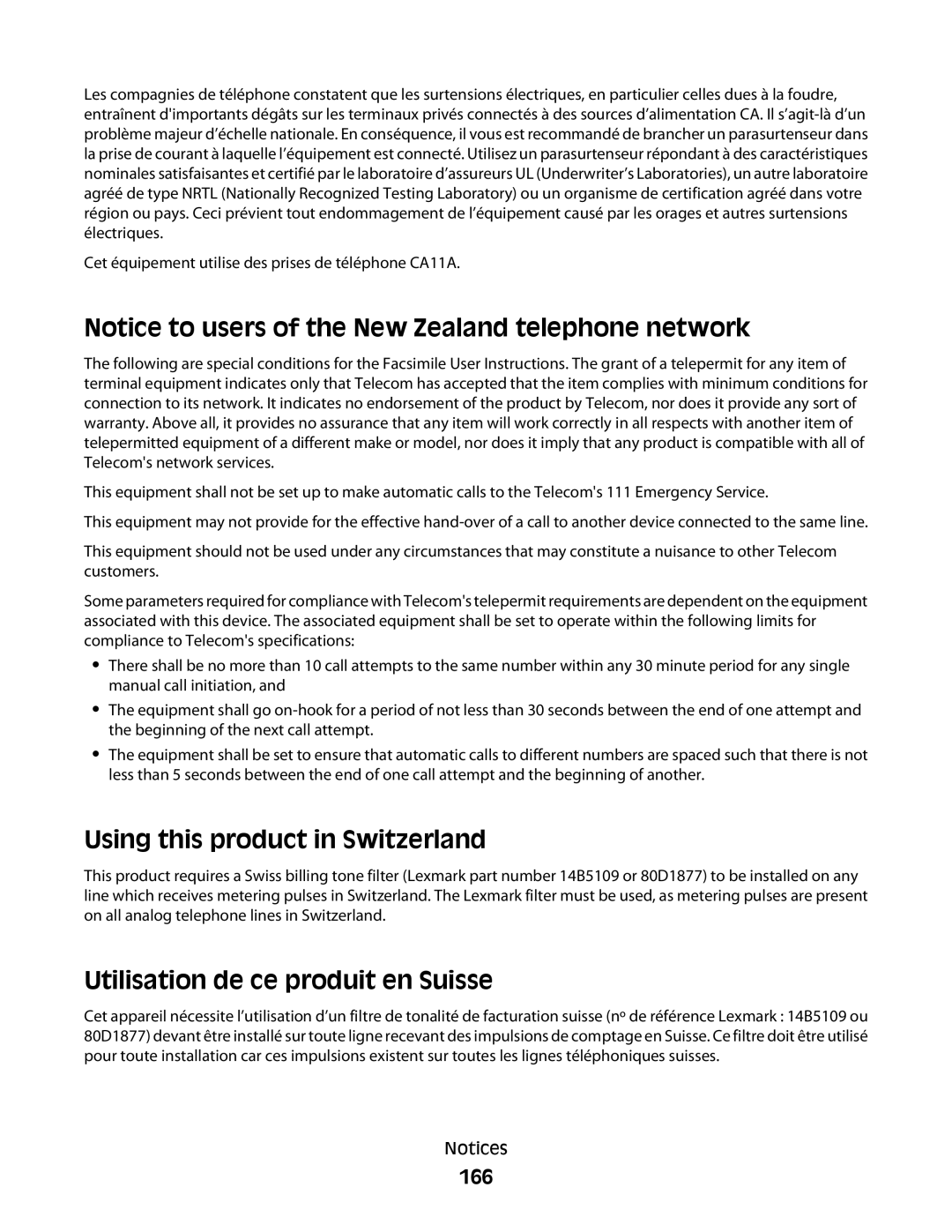 Lexmark 90T6005, 4443, 2WE, 2W2, Pro200 manual Using this product in Switzerland, Utilisation de ce produit en Suisse, 166 
