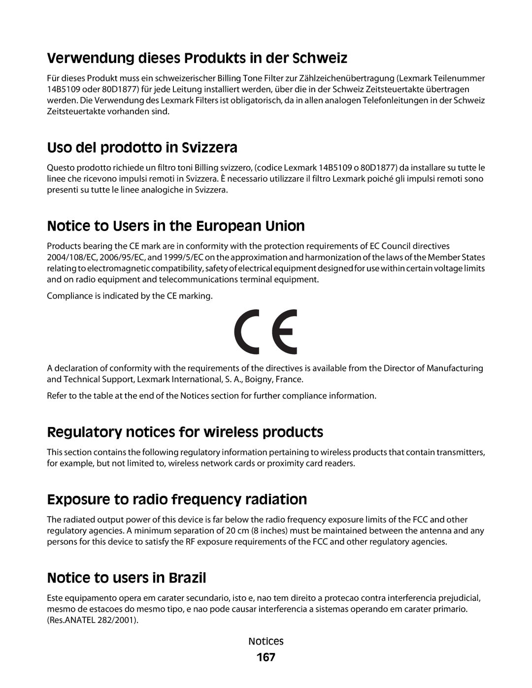 Lexmark 2WE Verwendung dieses Produkts in der Schweiz, Uso del prodotto in Svizzera, Exposure to radio frequency radiation 