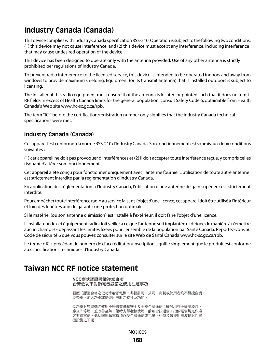 Lexmark 2W2, 4443, 90T6005, 2WE, Pro200 manual Industry Canada Canada, Taiwan NCC RF notice statement, 168 