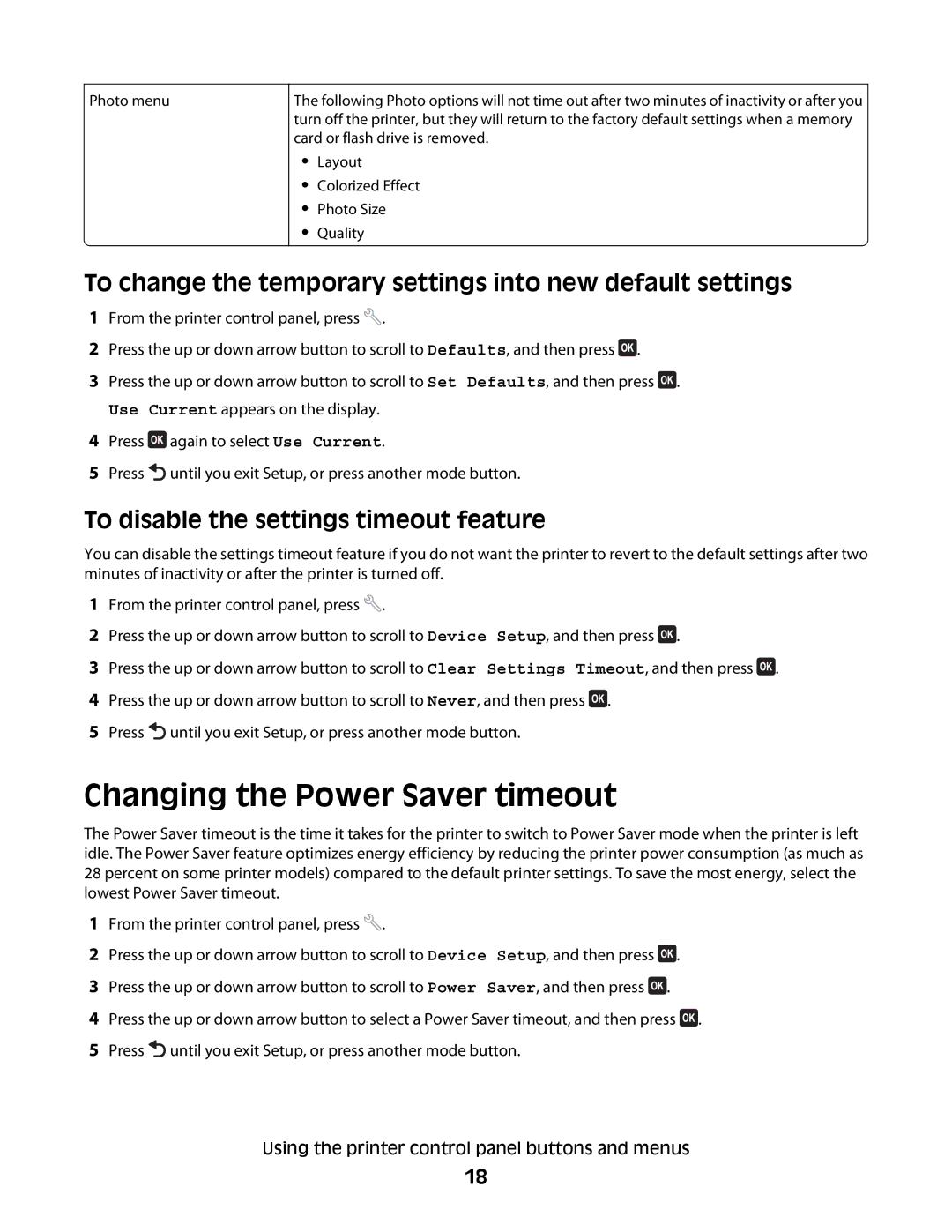 Lexmark 2W2, 4443, 90T6005, 2WE Changing the Power Saver timeout, To change the temporary settings into new default settings 