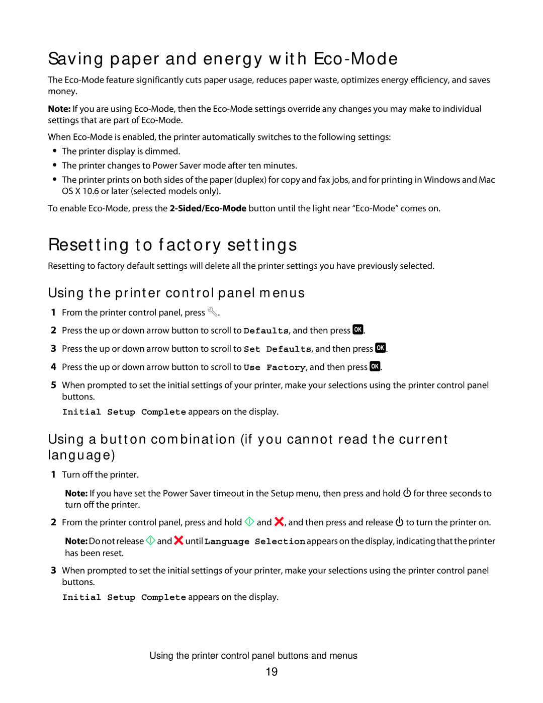 Lexmark Pro200 Saving paper and energy with Eco-Mode, Resetting to factory settings, Using the printer control panel menus 