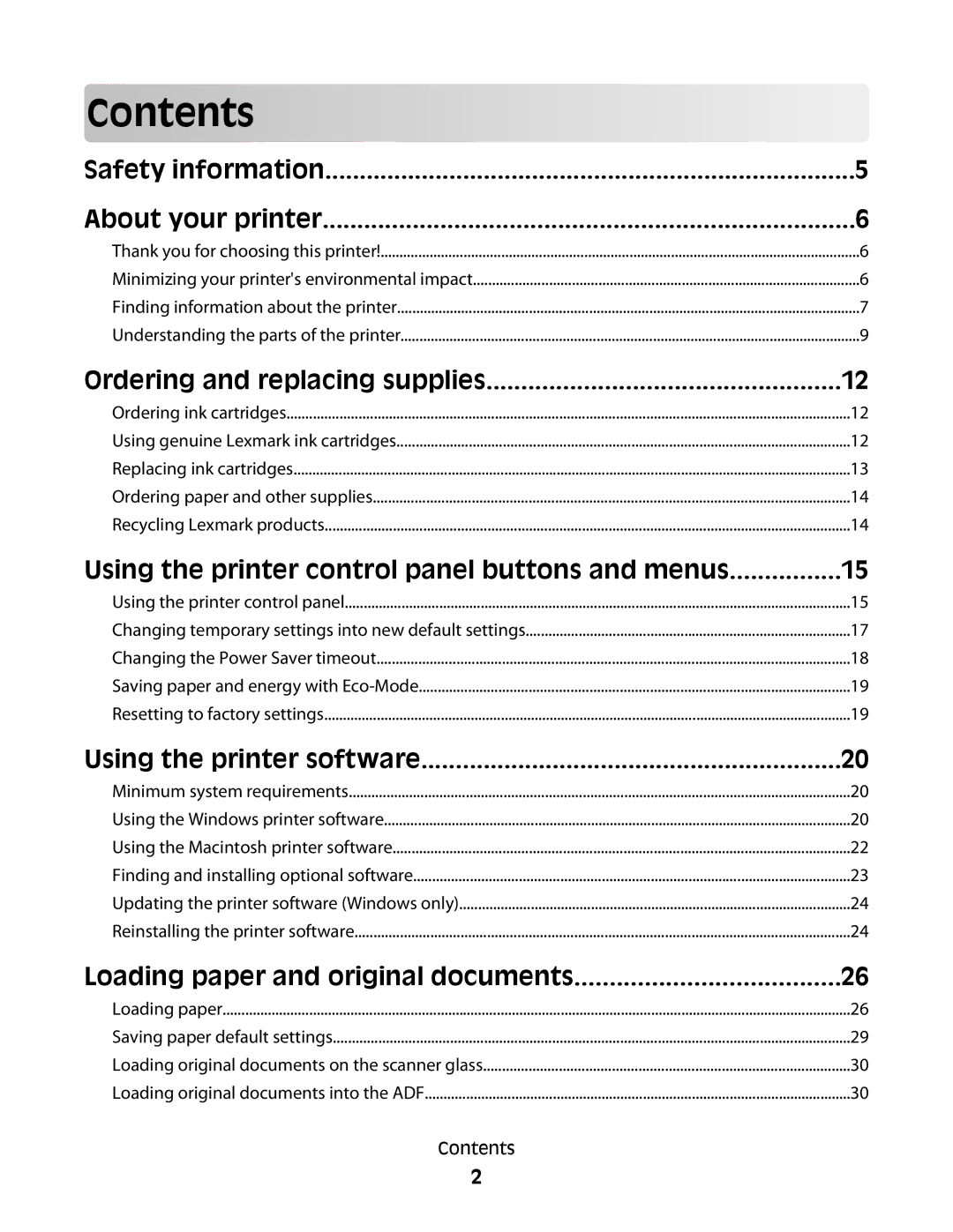 Lexmark 2WE, 4443, 90T6005, 2W2, Pro200 manual Contents 