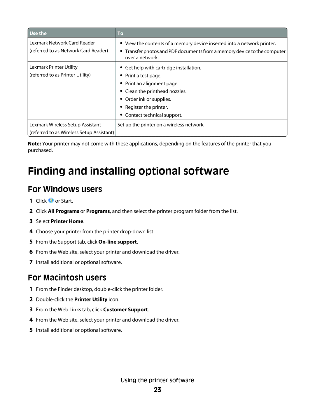 Lexmark 2W2, 4443 Finding and installing optional software, For Windows users, For Macintosh users, Select Printer Home 