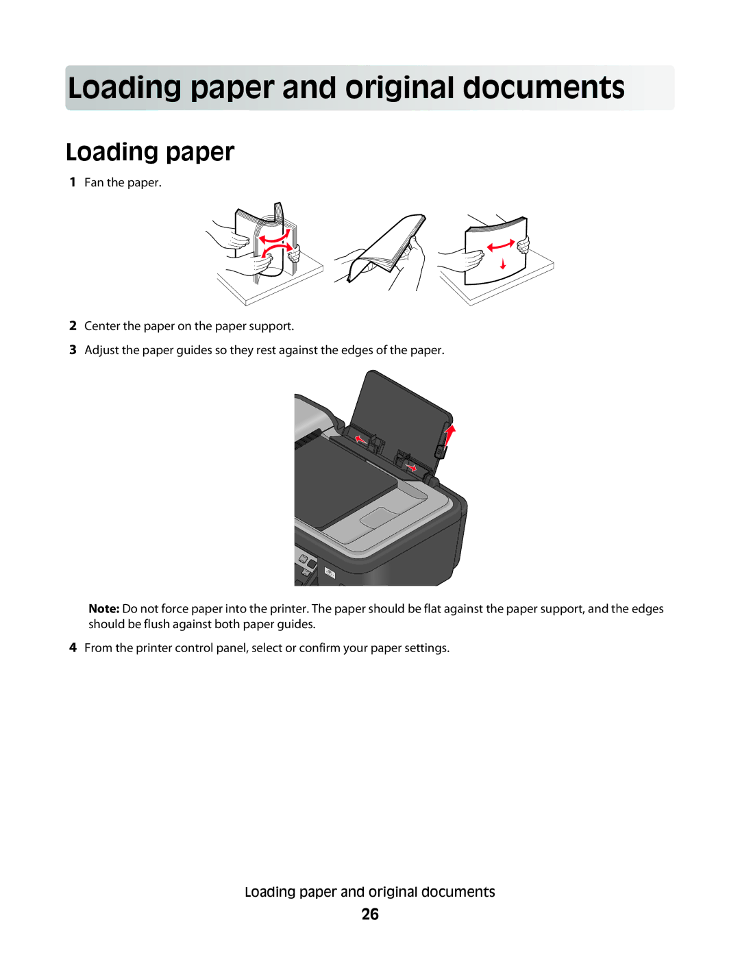 Lexmark 90T6005, 4443, 2WE, 2W2, Pro200 manual Load in g pape r a nd ori gi nal do cu ments, Loading paper 