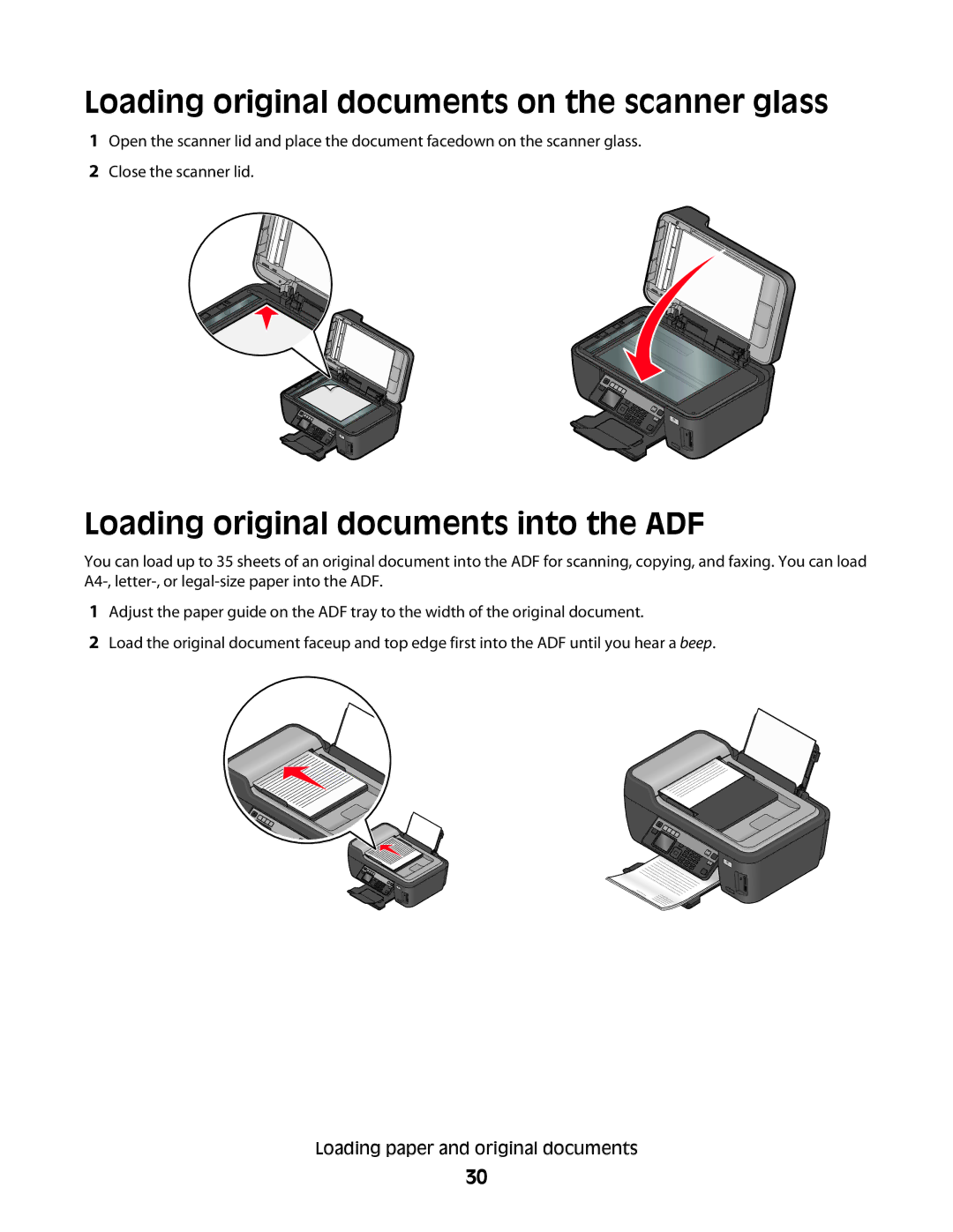 Lexmark 4443, 90T6005, 2WE, 2W2 Loading original documents on the scanner glass, Loading original documents into the ADF 