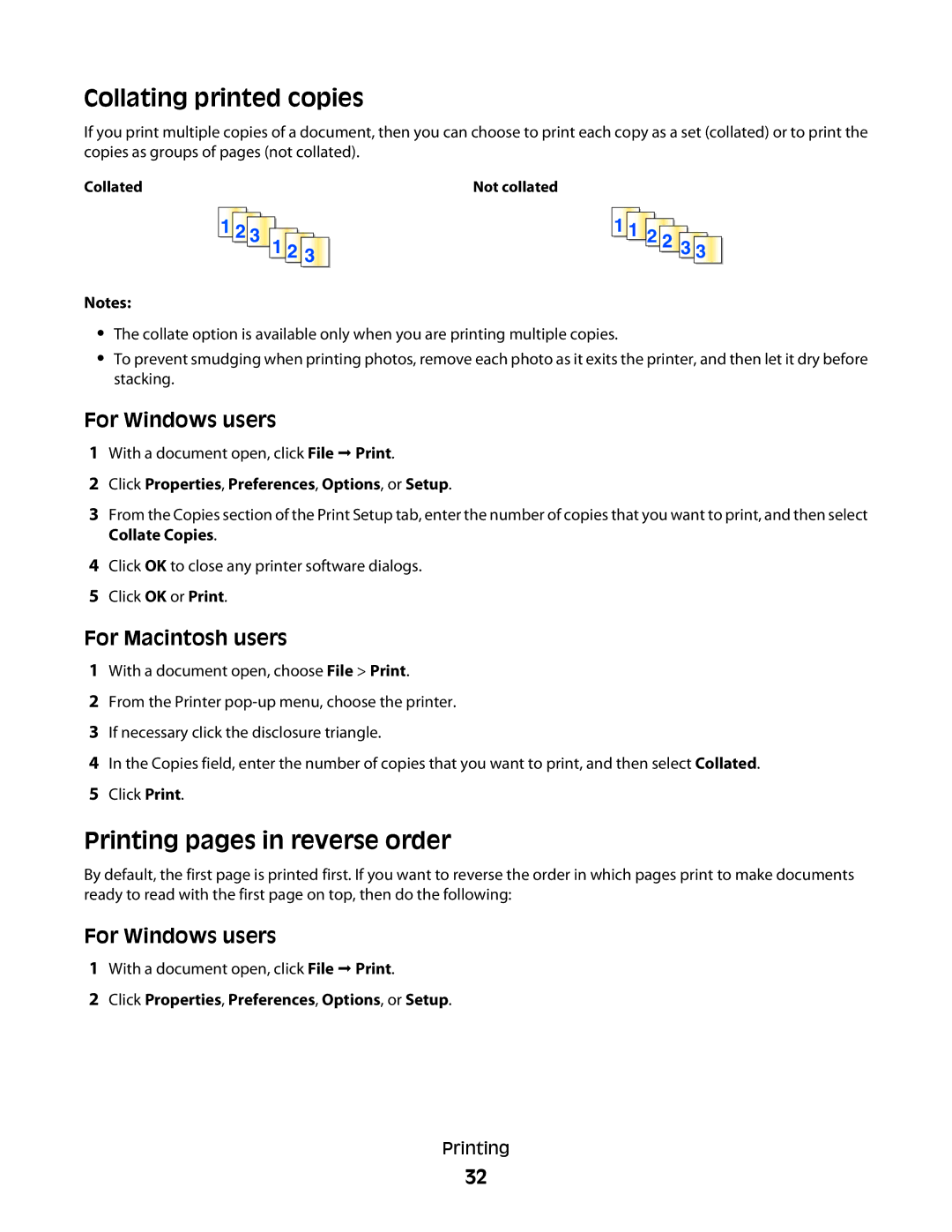 Lexmark 2WE, 4443, 90T6005, 2W2, Pro200 manual Collating printed copies, Printing pages in reverse order 