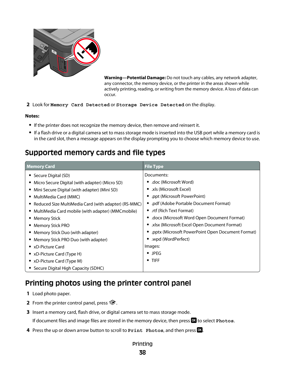 Lexmark 2W2, 4443, 90T6005, 2WE manual Supported memory cards and file types, Printing photos using the printer control panel 