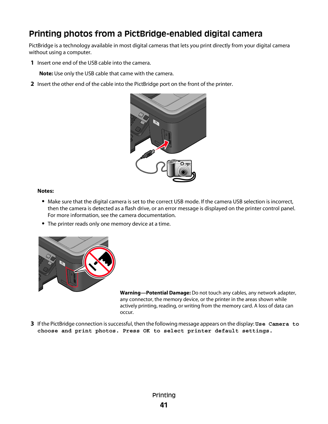 Lexmark 90T6005, 4443, 2WE, 2W2, Pro200 manual Printing photos from a PictBridge-enabled digital camera 