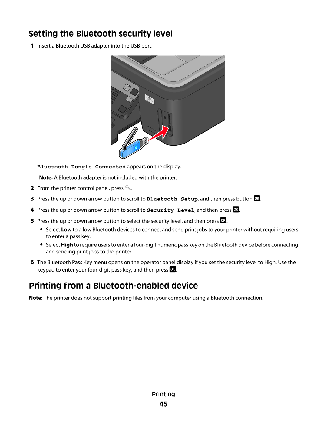 Lexmark 4443, 90T6005, 2WE, 2W2, Pro200 manual Setting the Bluetooth security level, Printing from a Bluetooth-enabled device 