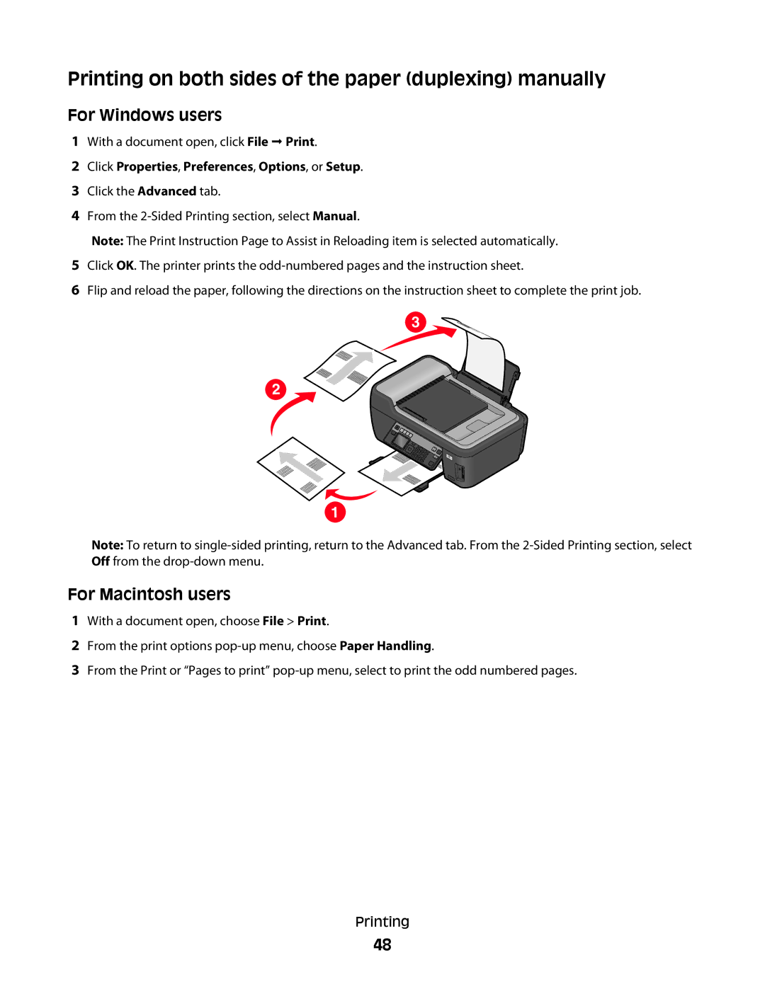 Lexmark 2W2, 4443, 90T6005, 2WE, Pro200 Printing on both sides of the paper duplexing manually 