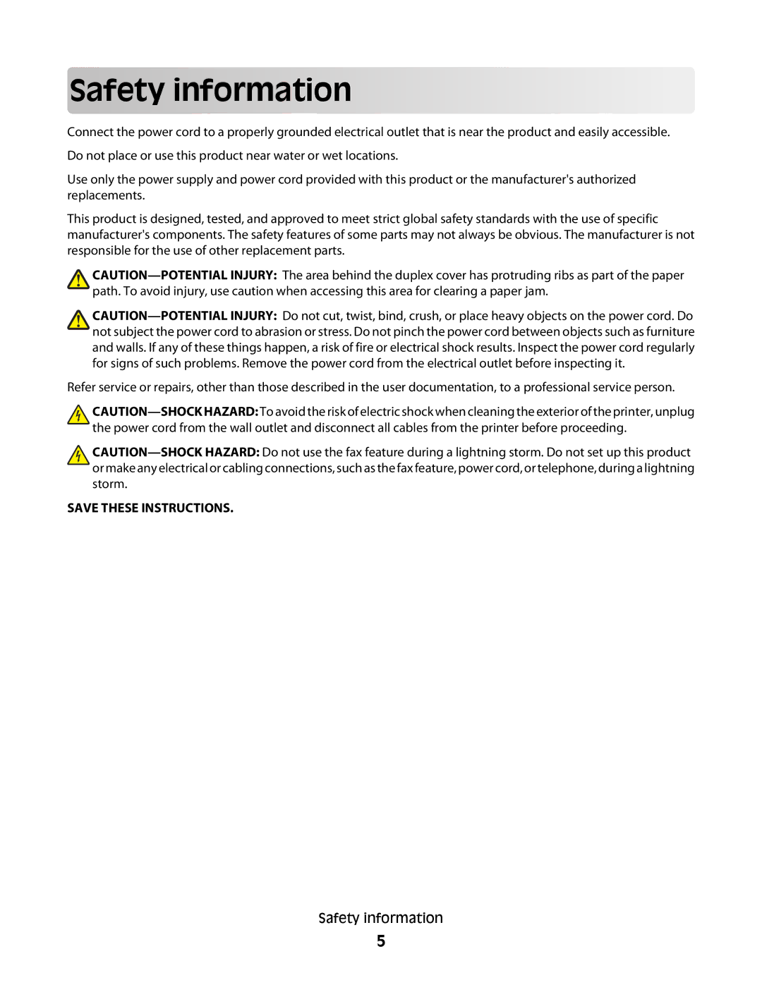 Lexmark 4443, 90T6005, 2WE, 2W2, Pro200 manual Safety inform ation 