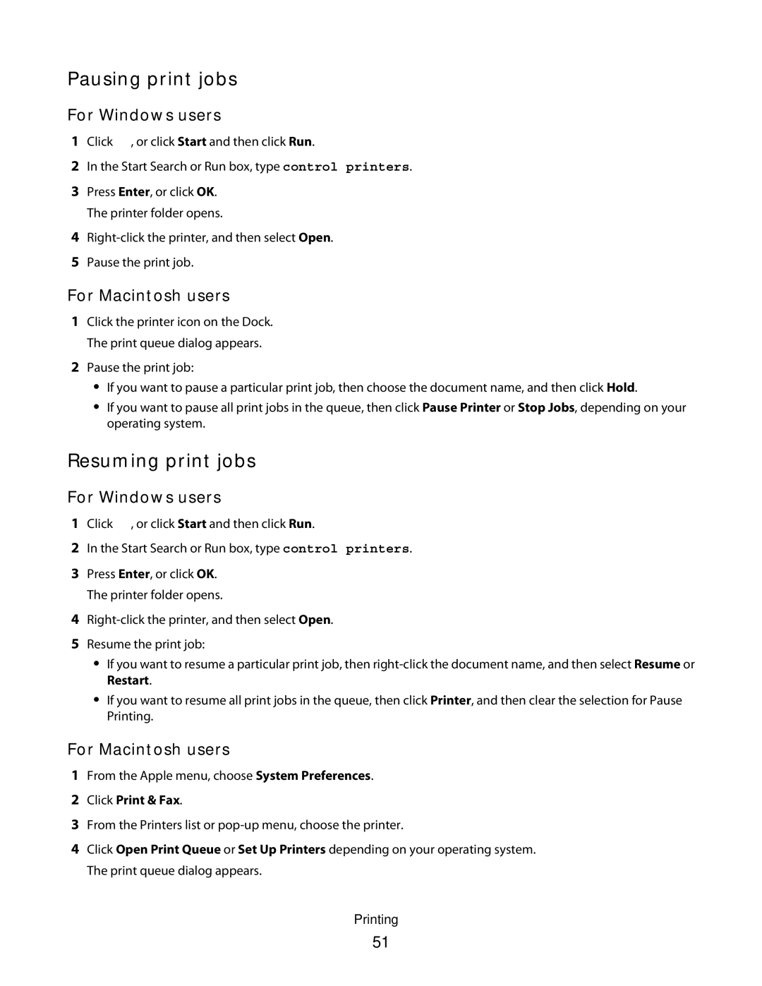 Lexmark 90T6005, 4443, 2WE, 2W2, Pro200 manual Pausing print jobs, Resuming print jobs 