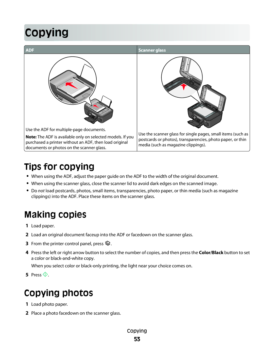 Lexmark 2W2, 4443, 90T6005, 2WE, Pro200 manual Cop ying, Tips for copying, Making copies, Copying photos 