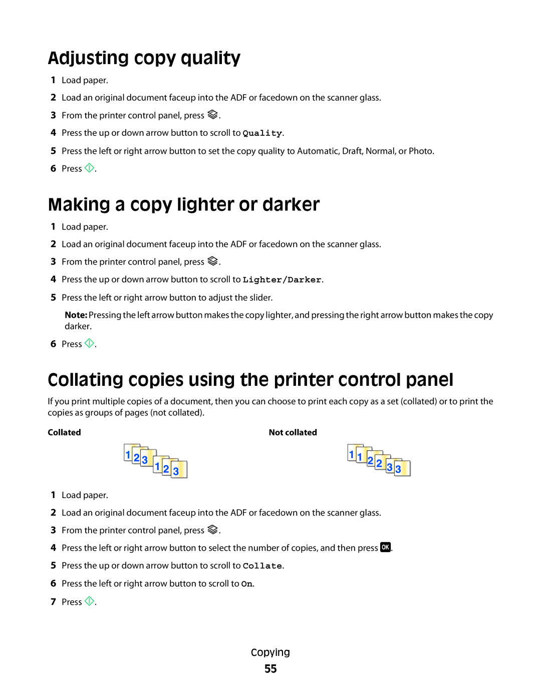 Lexmark 4443 Adjusting copy quality, Making a copy lighter or darker, Collating copies using the printer control panel 