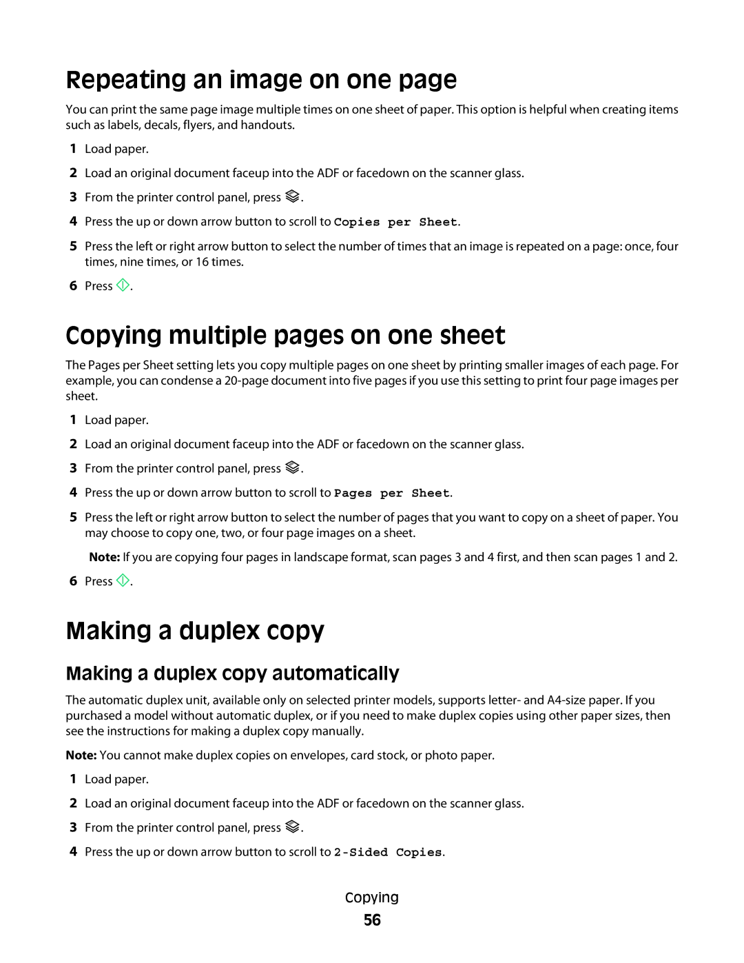 Lexmark 90T6005, 4443, 2WE, 2W2, Pro200 Repeating an image on one, Copying multiple pages on one sheet, Making a duplex copy 