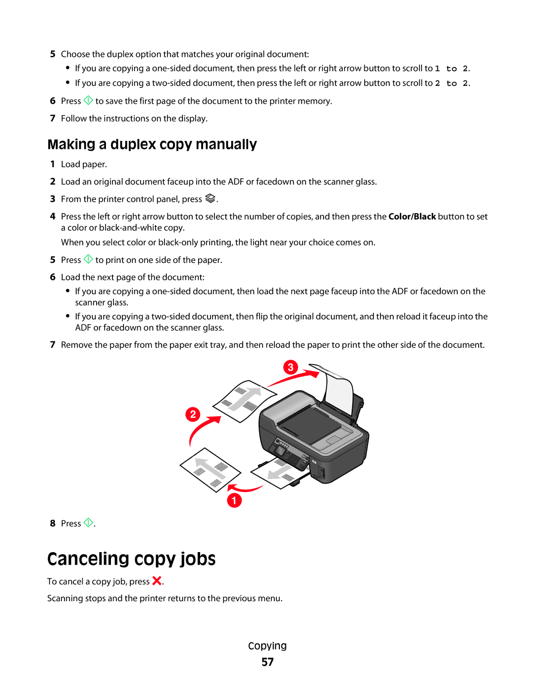 Lexmark 2WE, 4443, 90T6005, 2W2, Pro200 Canceling copy jobs, Making a duplex copy manually 