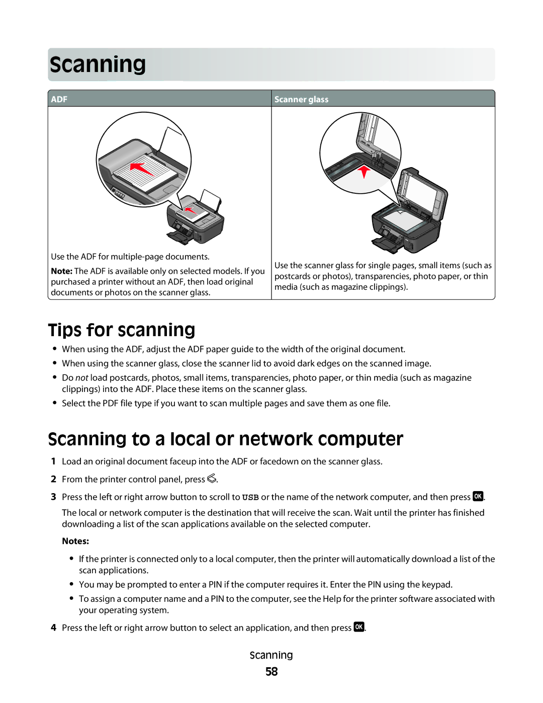 Lexmark 2W2, 4443, 90T6005, 2WE, Pro200 manual Scan ning, Tips for scanning, Scanning to a local or network computer 