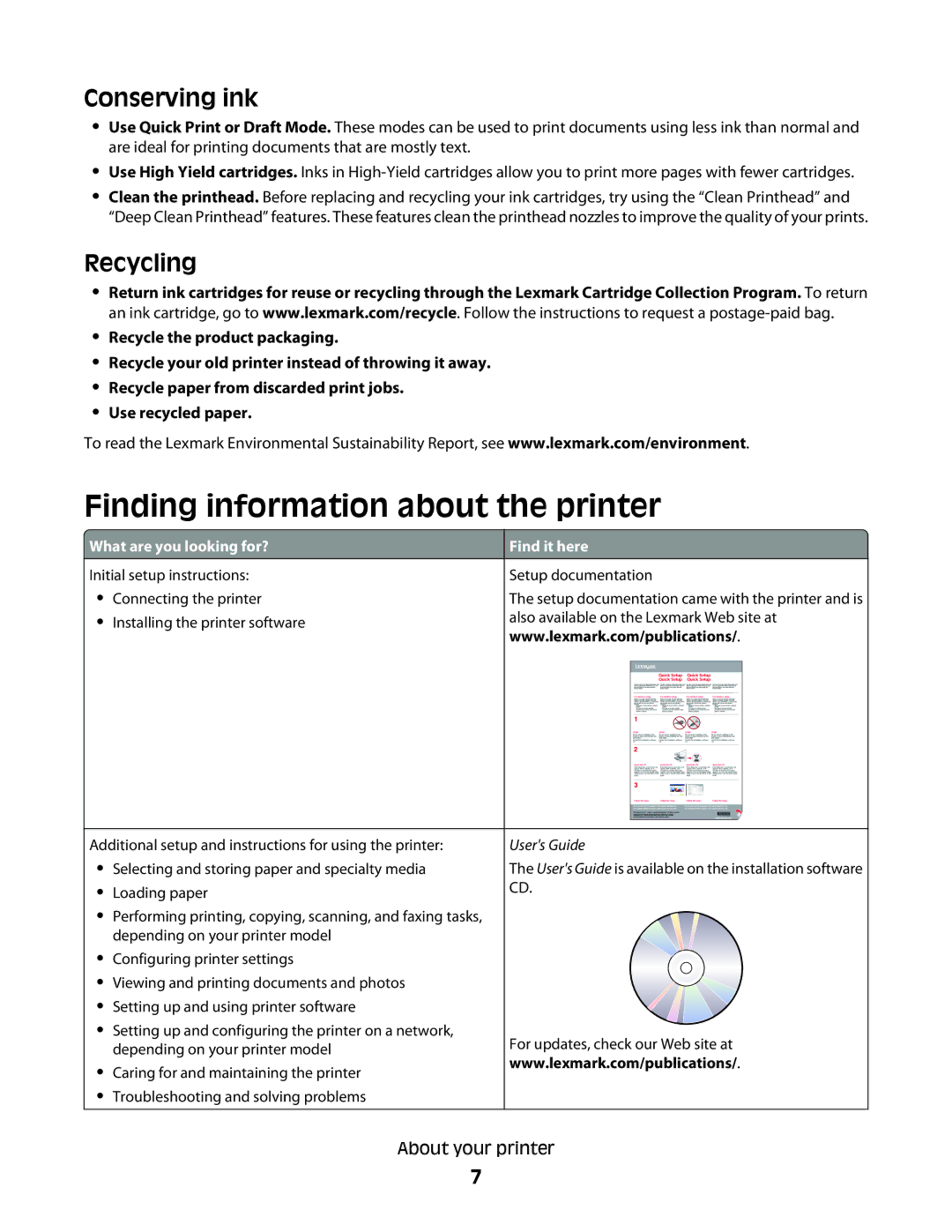 Lexmark 2WE, 4443, 90T6005, 2W2, Pro200 manual Finding information about the printer, Conserving ink, Recycling 