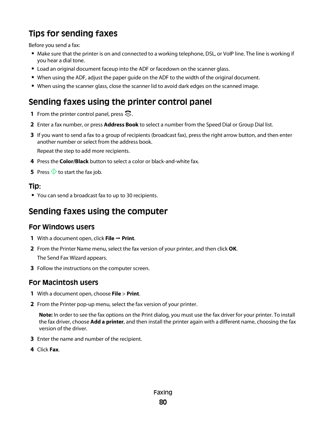 Lexmark 4443, 2WE Tips for sending faxes, Sending faxes using the printer control panel, Sending faxes using the computer 