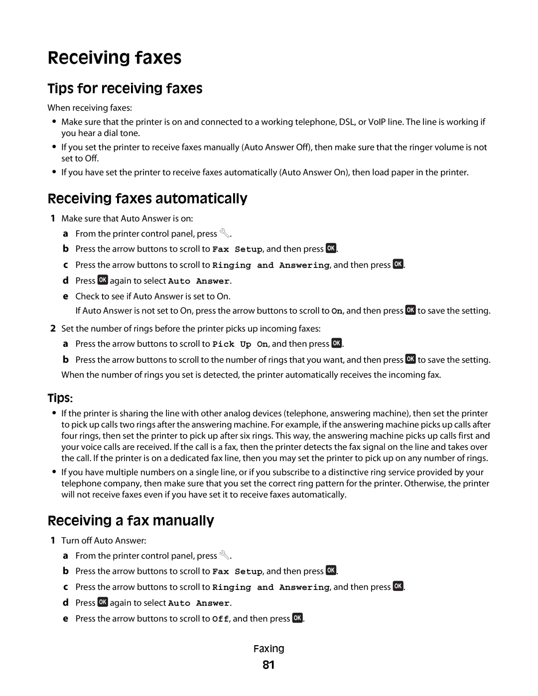 Lexmark 90T6005, 4443, 2WE, 2W2, Pro200 Tips for receiving faxes, Receiving faxes automatically, Receiving a fax manually 