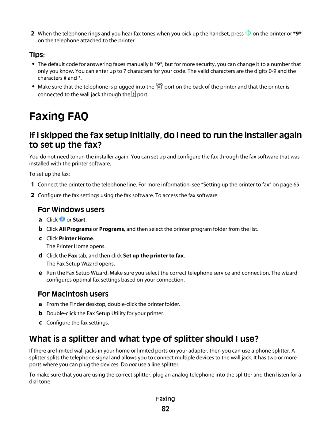 Lexmark 2WE, 4443, 90T6005, 2W2, Pro200 manual Faxing FAQ, What is a splitter and what type of splitter should I use? 