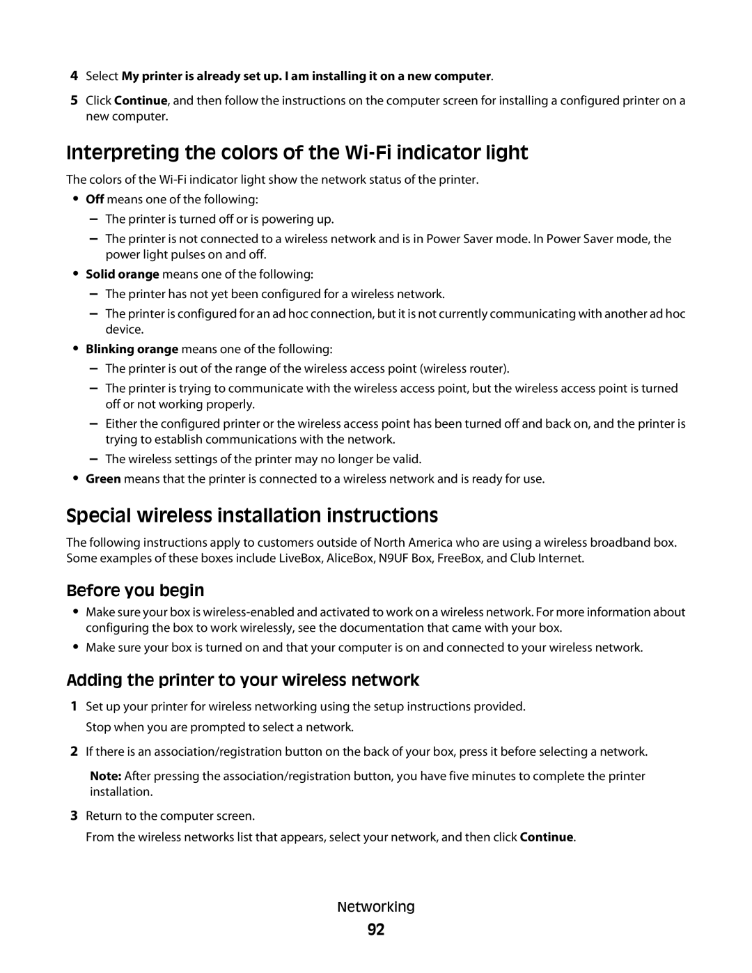 Lexmark 2WE, 4443, 90T6005 Interpreting the colors of the Wi-Fi indicator light, Special wireless installation instructions 