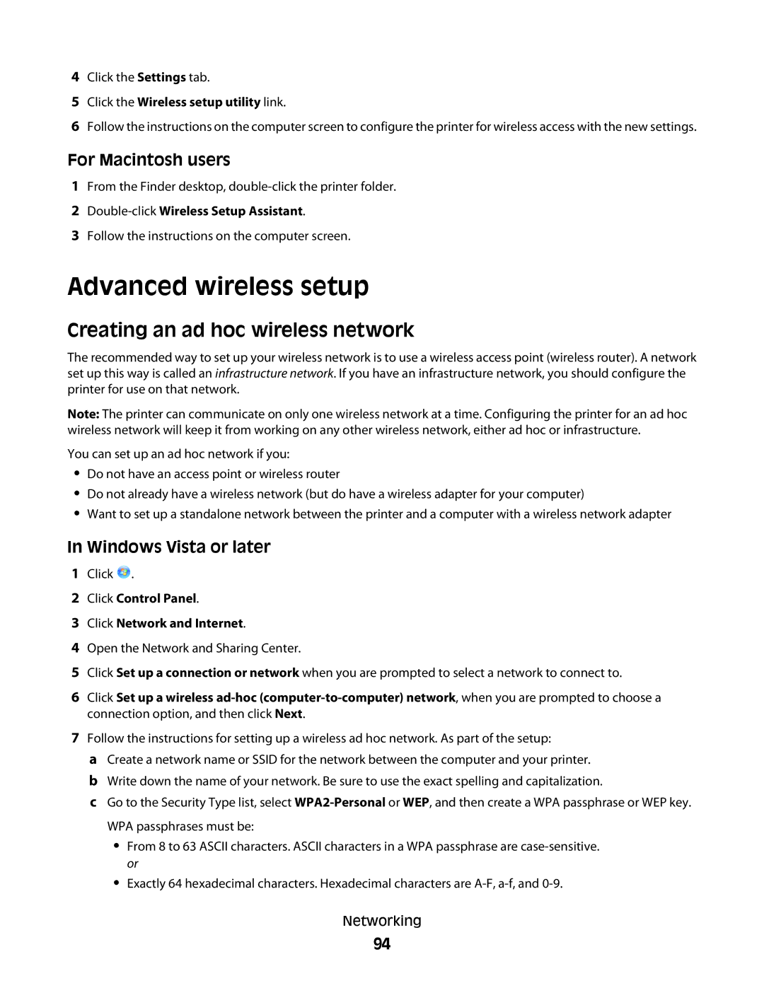 Lexmark Pro200, 4443, 90T6005, 2WE, 2W2 Advanced wireless setup, Creating an ad hoc wireless network, Windows Vista or later 