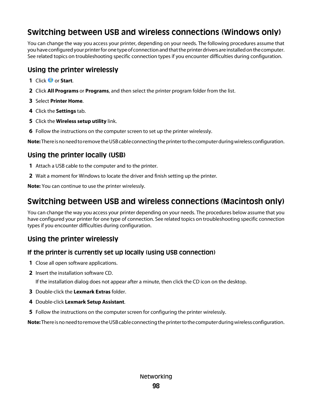 Lexmark 2W2, 4443, 90T6005, 2WE Switching between USB and wireless connections Windows only, Using the printer wirelessly 