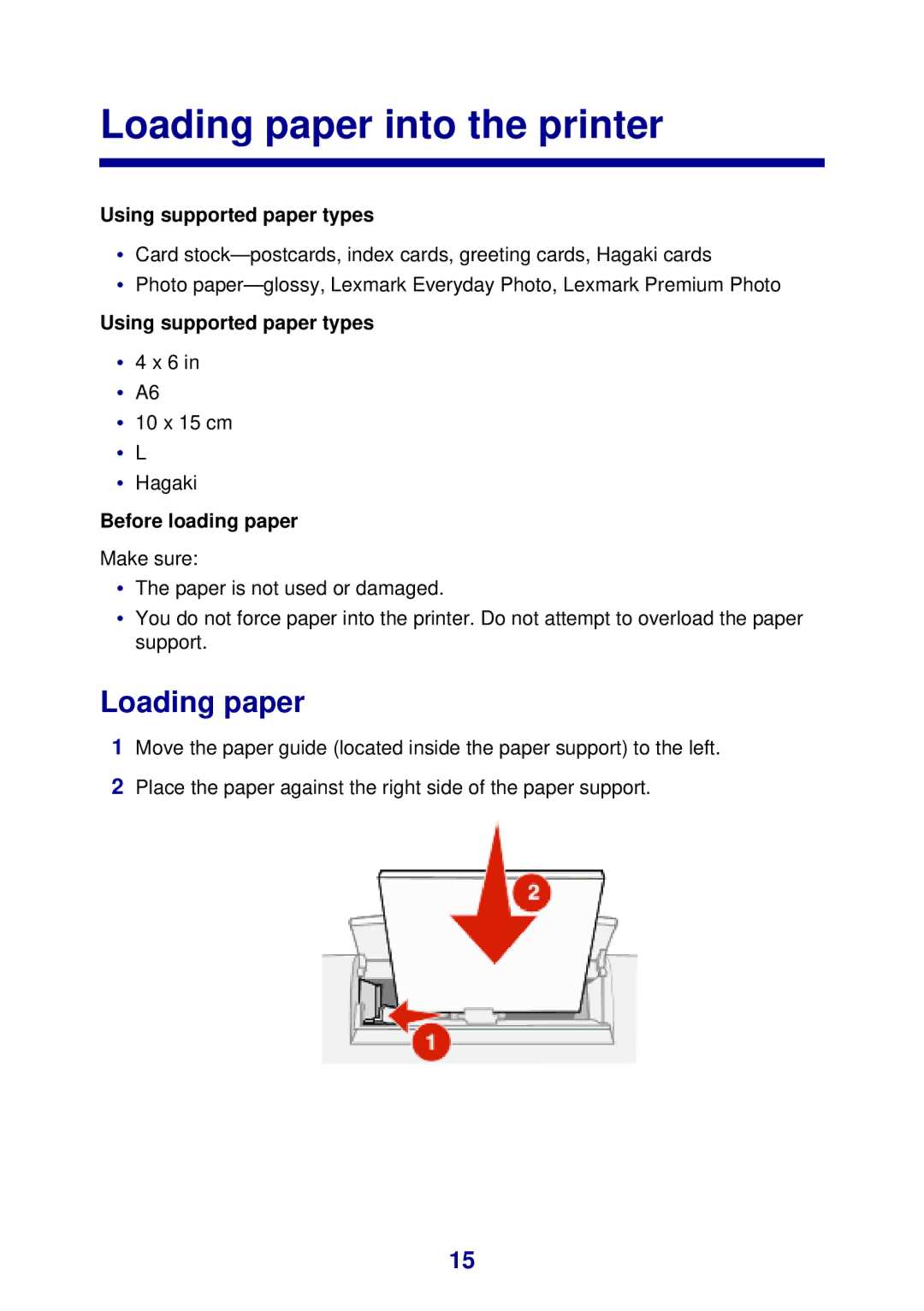 Lexmark 450 manual Loading paper into the printer, Using supported paper types, Before loading paper 