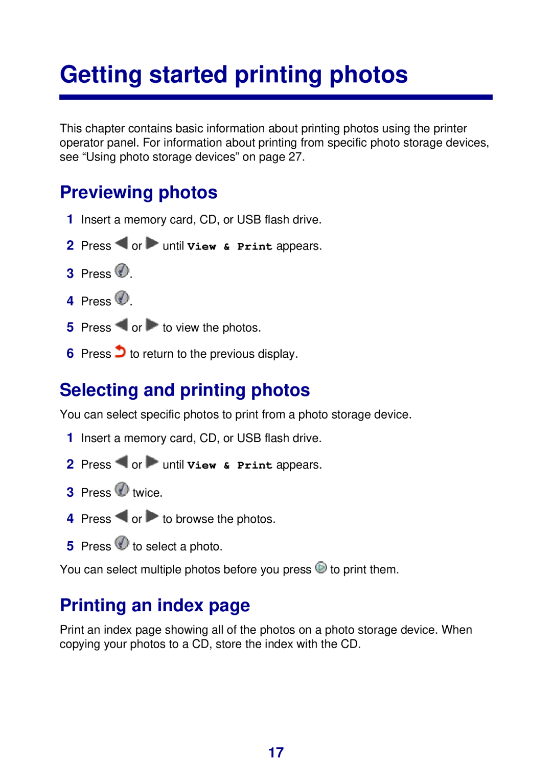 Lexmark 450 manual Getting started printing photos, Previewing photos, Selecting and printing photos, Printing an index 