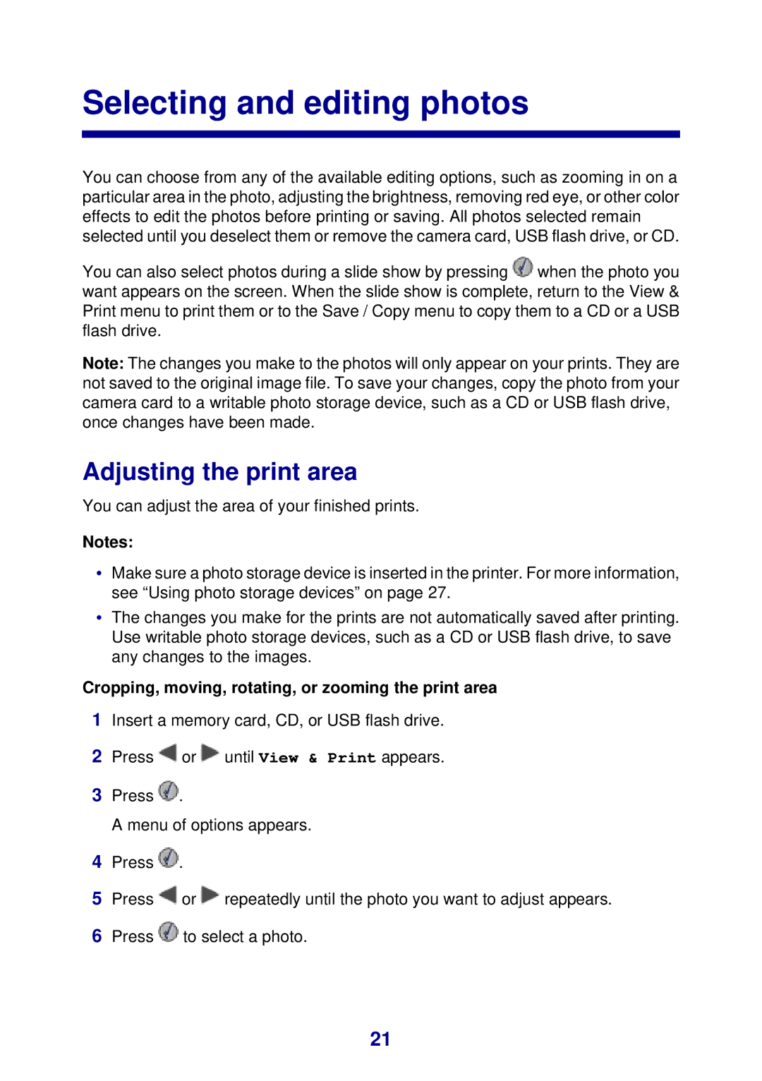 Lexmark 450 Selecting and editing photos, Adjusting the print area, Cropping, moving, rotating, or zooming the print area 