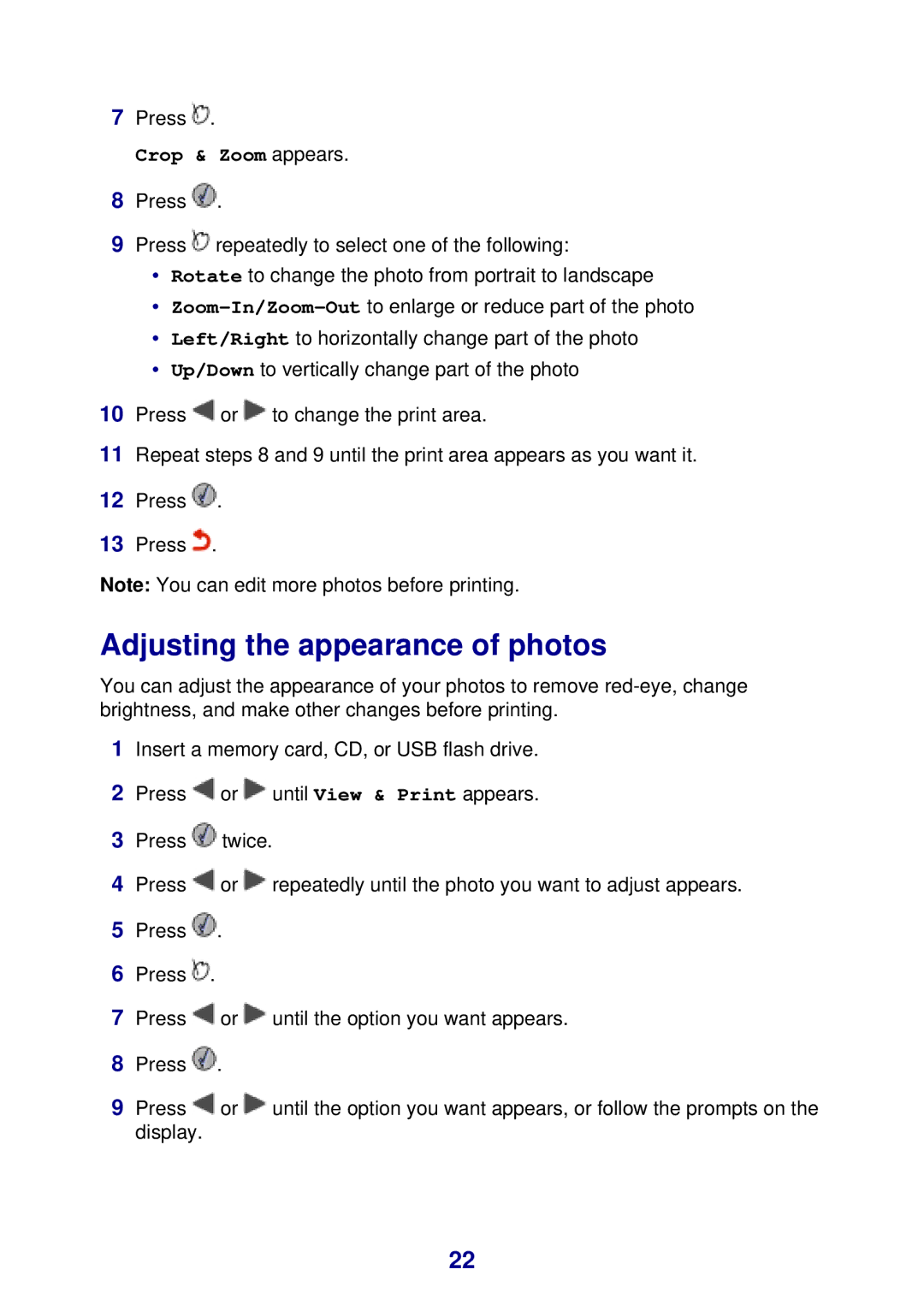 Lexmark 450 manual Adjusting the appearance of photos, Crop & Zoom appears 